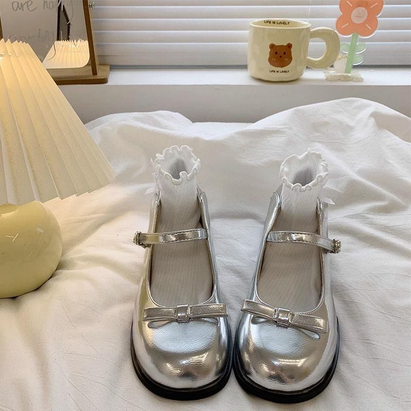 Chunky Heel French Mary Jane Shoes 2023 New Summer Shallow Mouth Dress Fairy Style Silver Round Toe Leather Shoes - Image 2