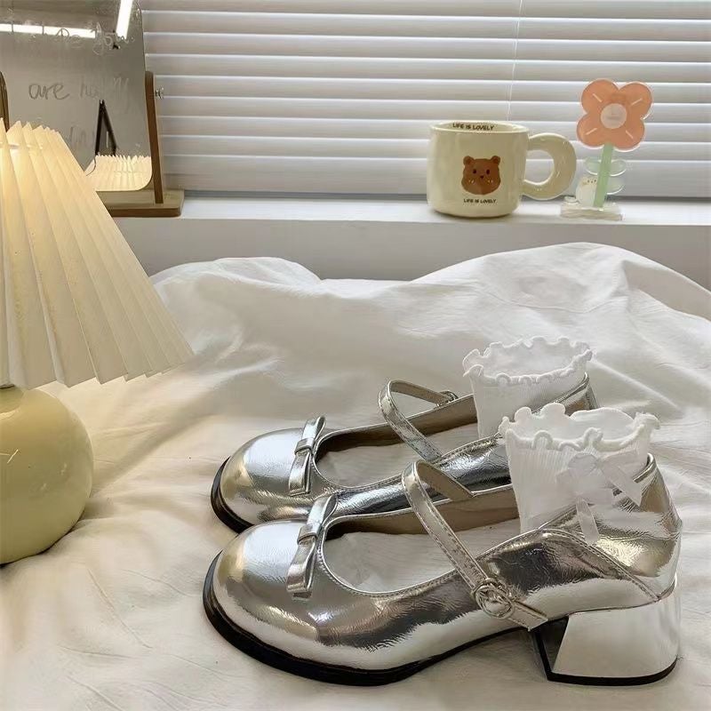 Chunky Heel French Mary Jane Shoes 2023 New Summer Shallow Mouth Dress Fairy Style Silver Round Toe Leather Shoes - Image 5