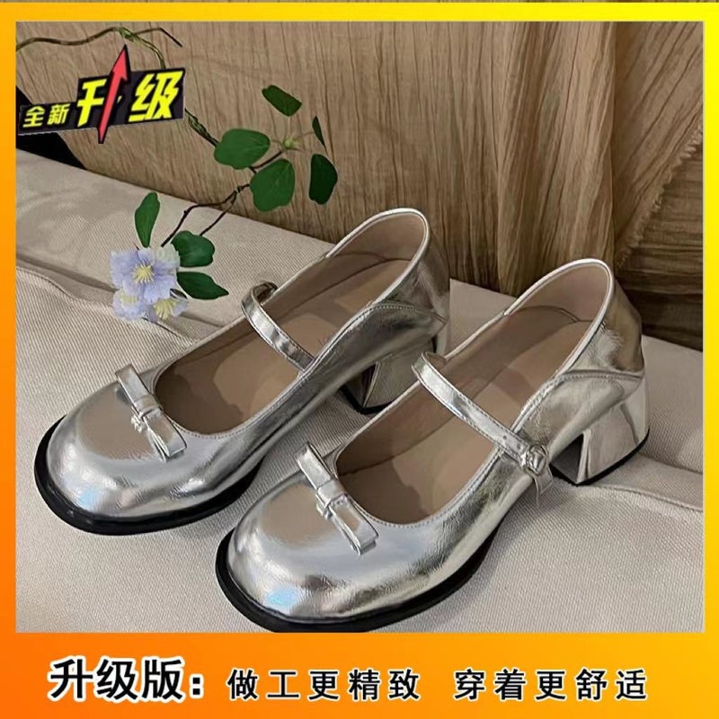 Chunky Heel French Mary Jane Shoes 2023 New Summer Shallow Mouth Dress Fairy Style Silver Round Toe Leather Shoes - Image 1