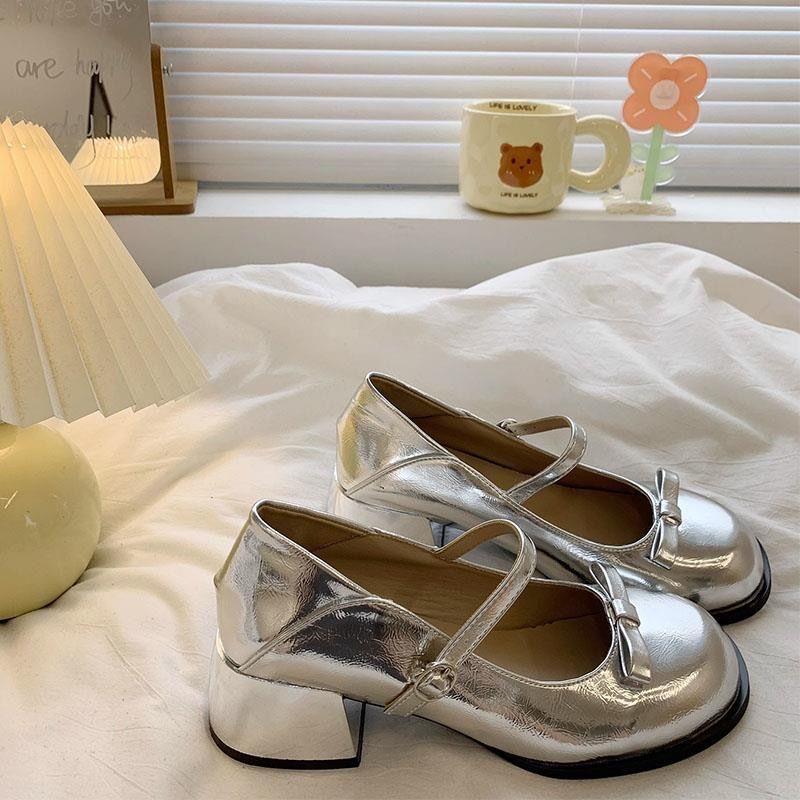 Chunky Heel French Mary Jane Shoes 2023 New Summer Shallow Mouth Dress Fairy Style Silver Round Toe Leather Shoes - Image 3