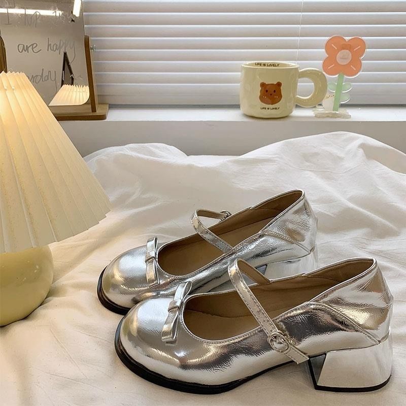 Chunky Heel French Mary Jane Shoes 2023 New Summer Shallow Mouth Dress Fairy Style Silver Round Toe Leather Shoes - Image 4