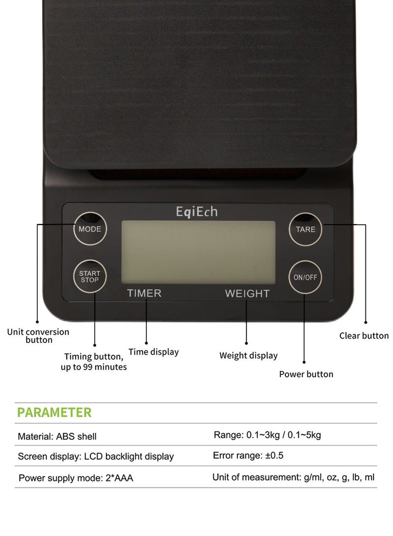 EqiEch 3kg/0.1g Mini Digital Coffee Scale(Battery Included) with Timer,Suitable for Espresso and V60 Pour Over Coffee,Cooking Baking Weighting - Image 3