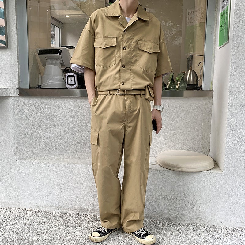 Workwear Jumpsuit Men's Loose Casual Suit Summer Fashion Brand Cropped Pants Straight Hip-hop Street Menswear - Image 1