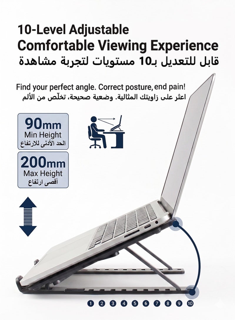 ZAFRA 2-in-1 Adjustable Laptop Stand & Liftable Phone Holder | 10-Level Ergonomic Foldable Laptop Riser for MacBook Air Pro & Tablets | Height Adjustable Phone Stand | Portable Cooling Desk Stand with Anti-Slip Base & Desk Organizer for Home Office & Study - Image 2