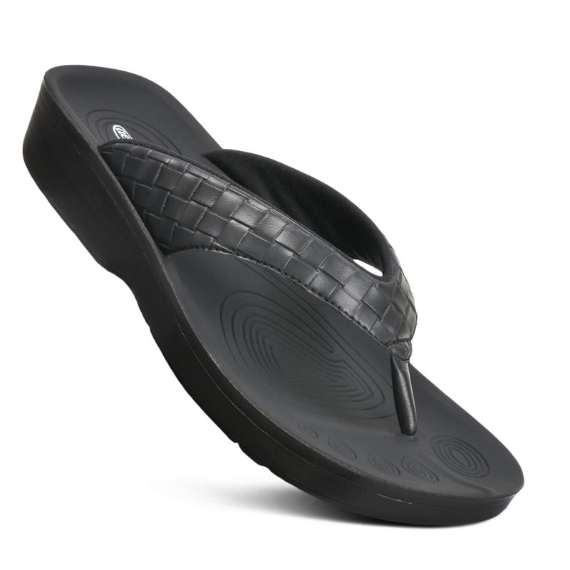 AEROTHOTIC Arch Support Flip Flops for women Stylish Cushioned Padded Straps with Soft Toe Post Slip on Footwear Dressy Travel Recovery Outdoor Comfortable Walking Sandals (Clarus Black, Size 6) - Image 1