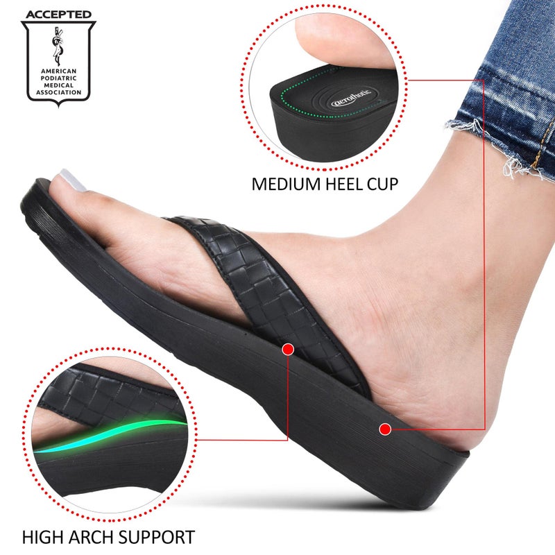AEROTHOTIC Arch Support Flip Flops for women Stylish Cushioned Padded Straps with Soft Toe Post Slip on Footwear Dressy Travel Recovery Outdoor Comfortable Walking Sandals (Clarus Black, Size 6) - Image 4