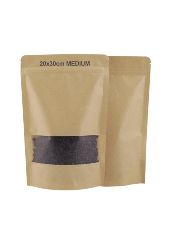 Promass Kraft Paper Bag With Reusable Zip Lock Sealing & Notch Matte Transparent Window (Pack Of 10 Pcs)