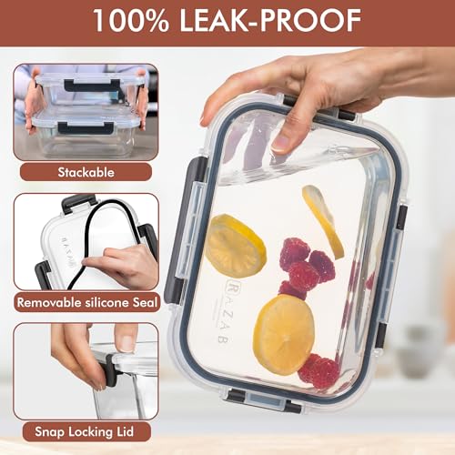 Razab 2 Pcs 1860ml / 63 Oz Large Glass Food Storage Containers with Lids - Glass Meal Prep Containers with Locking Lids for Roasting, Storing Leftover, Lunch Container, BPA Free, Microwave & Oven Safe - Image 3