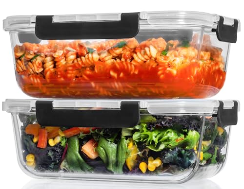 Razab 2 Pcs 1860ml / 63 Oz Large Glass Food Storage Containers with Lids - Glass Meal Prep Containers with Locking Lids for Roasting, Storing Leftover, Lunch Container, BPA Free, Microwave & Oven Safe - Image 1