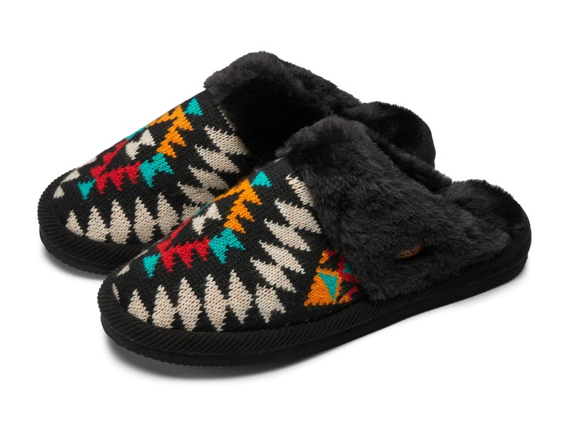 Funky Junque Fuzzy House Slippers for Women â€“ Indoor Outdoor Fluffy Clog Slippers, Cozy Furry Cute Ladies Bedroom Shoes - Aztec - Black (Medium/Large; US Size 8-10) - Image 1