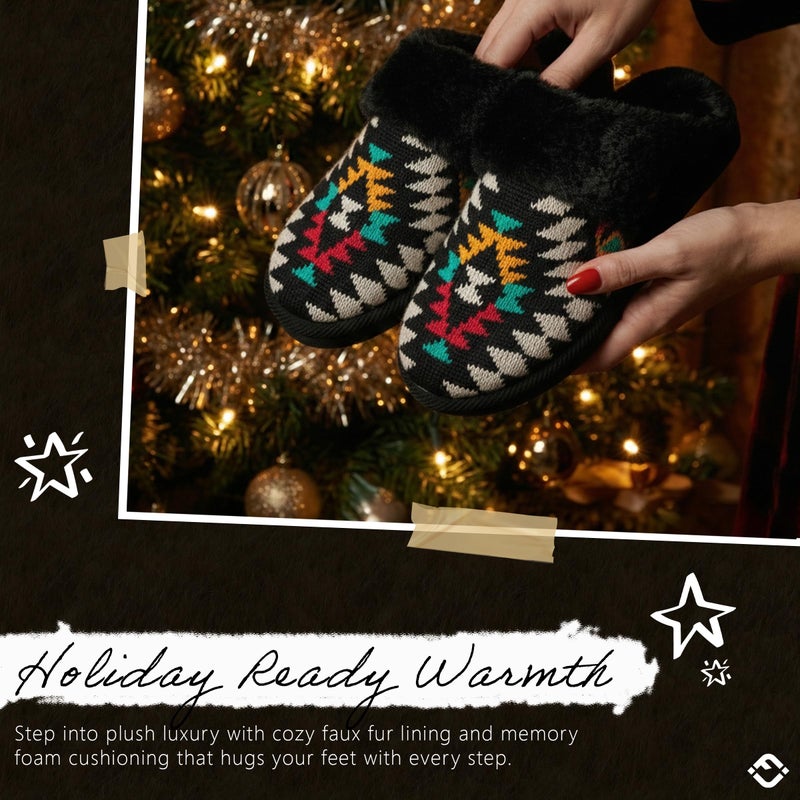 Funky Junque Fuzzy House Slippers for Women â€“ Indoor Outdoor Fluffy Clog Slippers, Cozy Furry Cute Ladies Bedroom Shoes - Aztec - Black (Medium/Large; US Size 8-10) - Image 5