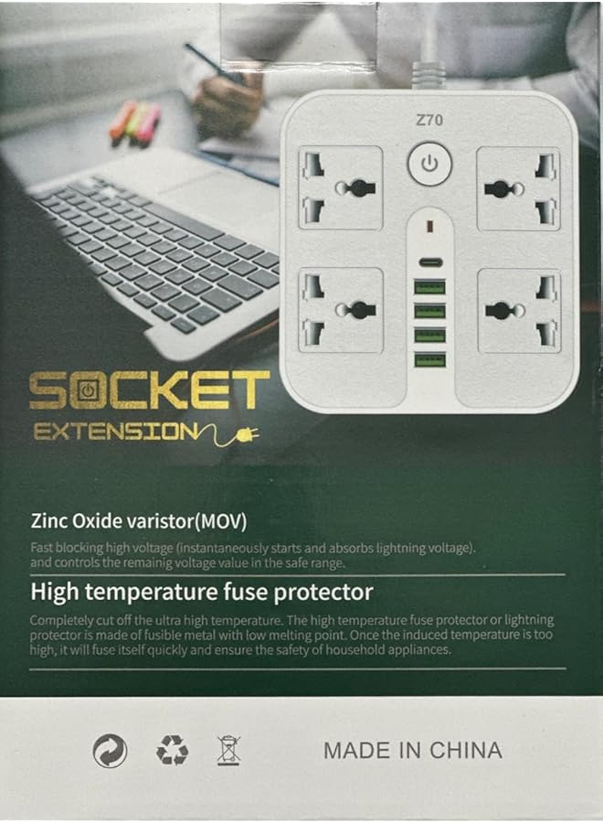 PROMASS Power Strip Extension with 4 Sockets, 4 USB Ports, 1 Type-C Port - Image 1