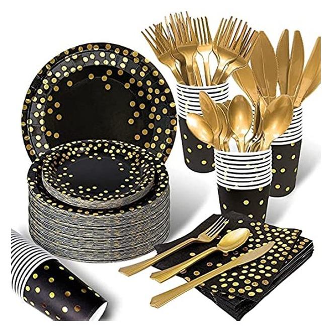 175 PCS SERVES 25 HEAVY DUTY BLACK GOLD DISPOSABLE PARTY SUPPLIES WITH PAPER PARTY PLATES, NAPKINS, CUPS, SPOONS, FORKS FOR WEDDING, BIRTHDAY, ANNIVERSARY, GRADUATION DINNERWARE SET (BLACK GOLD)