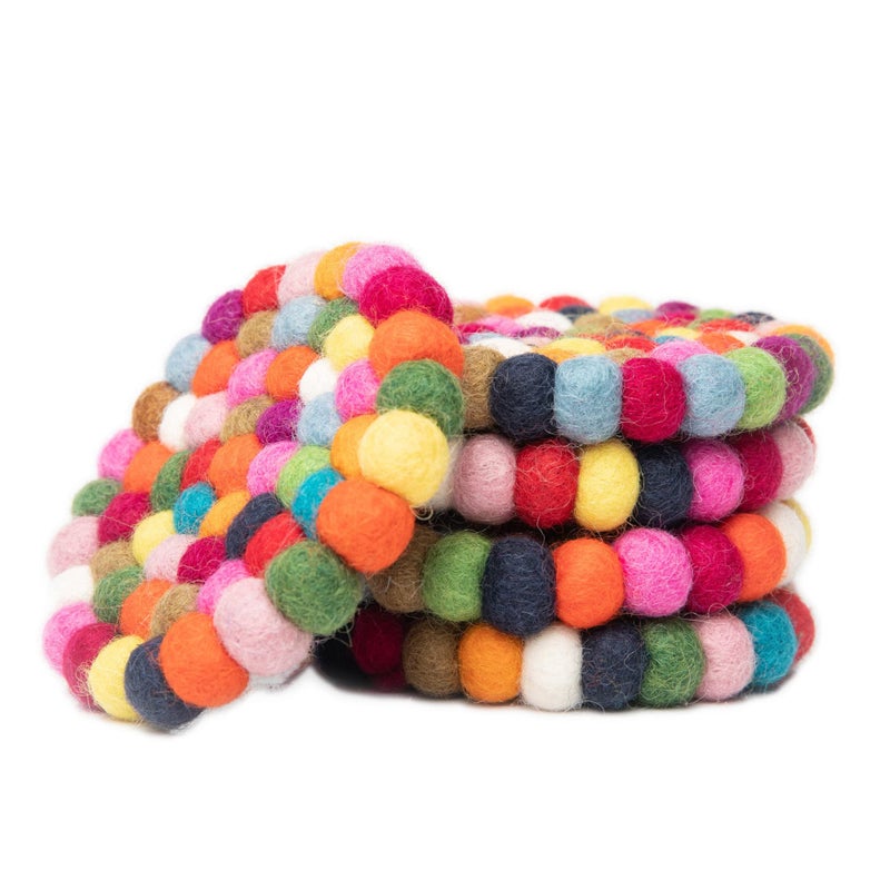 Woolygon Round Felt Ball Coasters - 100% Merino Wool Table Coasters - Felt Coaster Pads  Absorbent Trivet for Drinks - Heat Resistant  Thick & Durable Hand Felted in Nepal by Woolygon- Multicolor - Set of 5 - Image 1