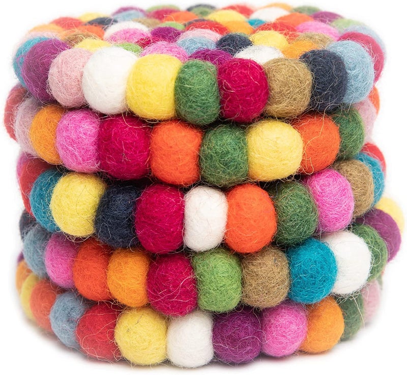 Woolygon Round Felt Ball Coasters - 100% Merino Wool Table Coasters - Felt Coaster Pads  Absorbent Trivet for Drinks - Heat Resistant  Thick & Durable Hand Felted in Nepal by Woolygon- Multicolor - Set of 5 - Image 3