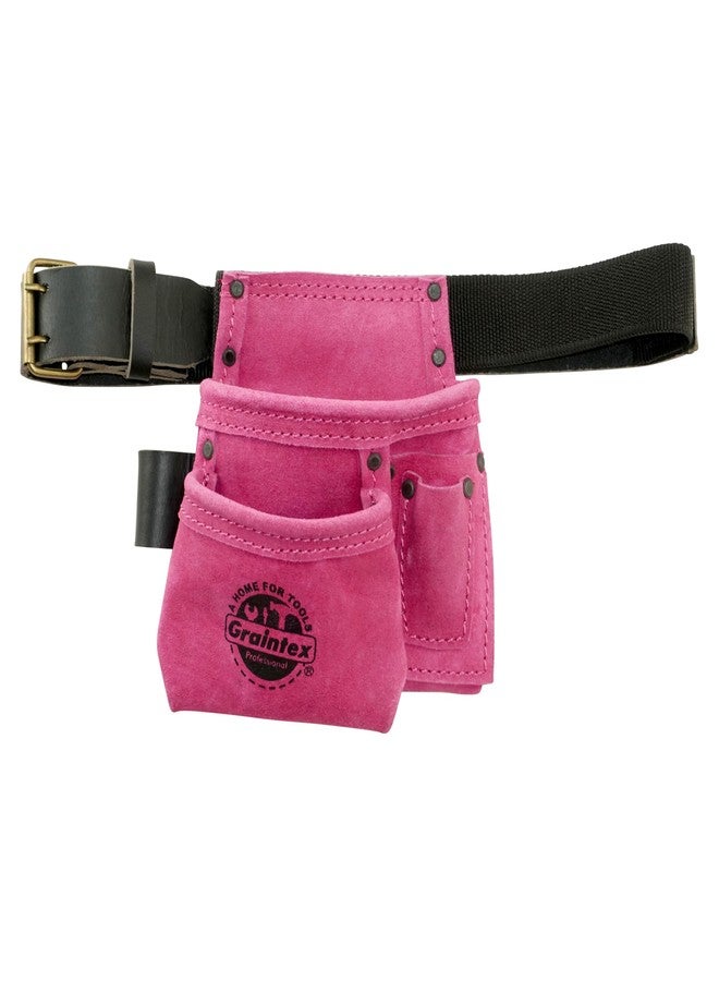 Graintex 4 Pocket Children's Tool Pouch Ideal for Home Improvement Projects | Kids Tool Belt for Young DIY Enthusiasts | Pink Color Suede Leather Pouch, Hammer Loop, Adjustable Leather Belt - SS2504 - Image 1