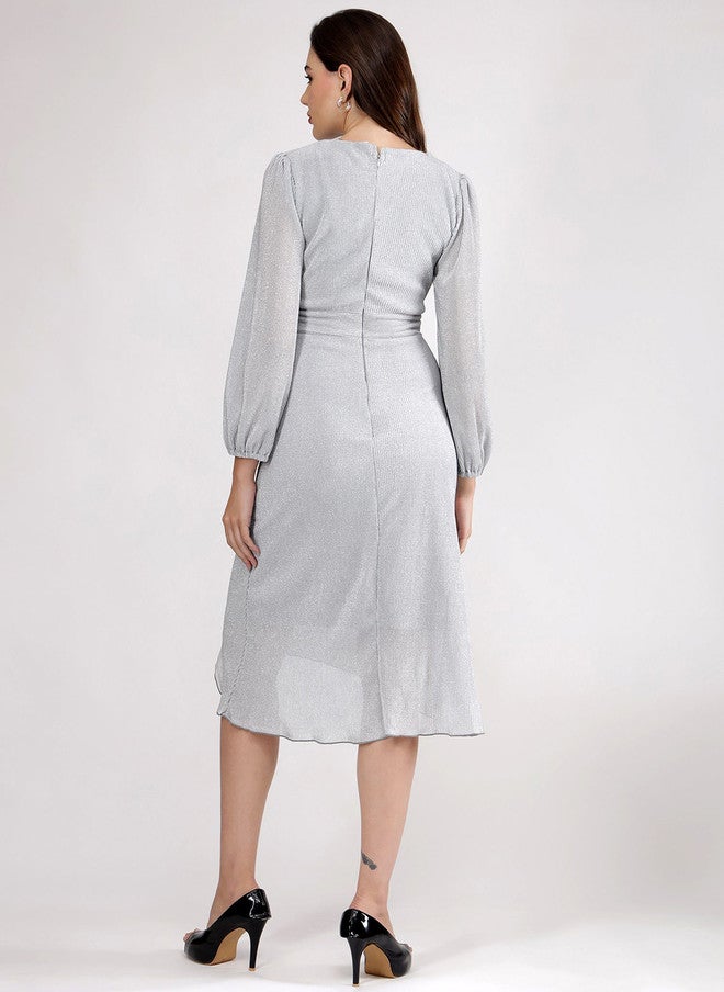 SALT ATTIRE A-Line Midi Dress with V-Neck and Long Bishop Sleeves - Image 5