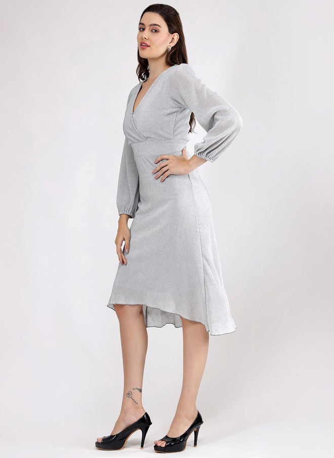 SALT ATTIRE A-Line Midi Dress with V-Neck and Long Bishop Sleeves - Image 4