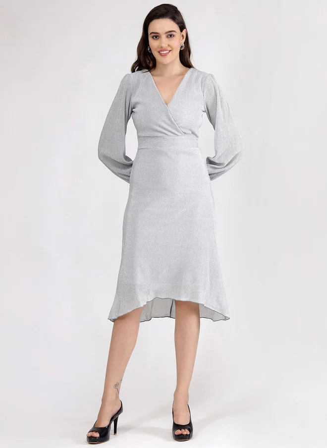 Salt Attire SALT ATTIRE A-Line Midi Dress with V-Neck and Long Bishop Sleeves