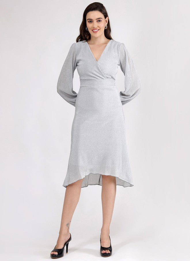 SALT ATTIRE A-Line Midi Dress with V-Neck and Long Bishop Sleeves - Image 1