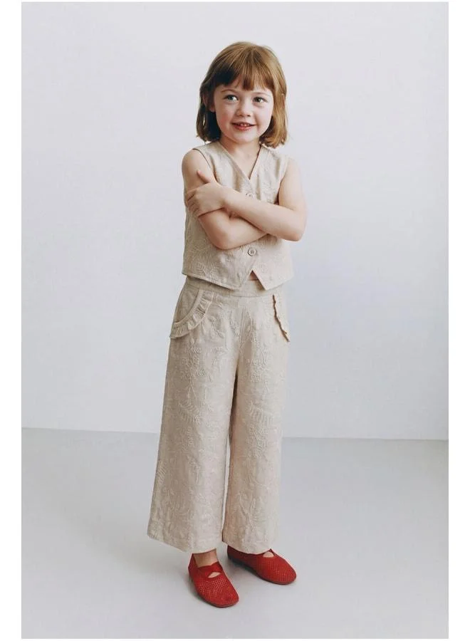 Magu Girls Cotton Beige Embroidered Vest and Trousers Set.