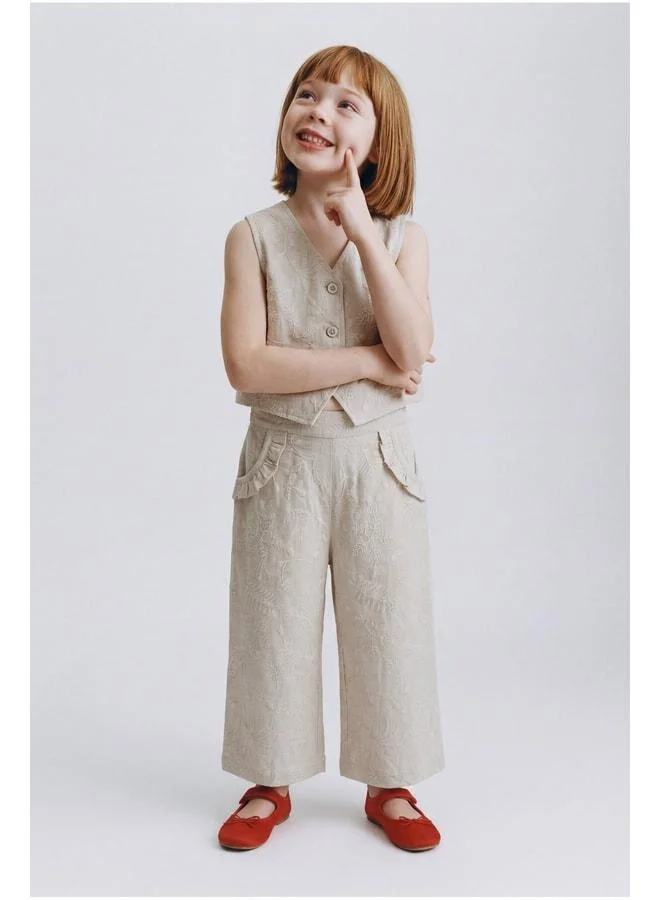 Magu Girls Cotton Beige Embroidered Vest and Trousers Set.