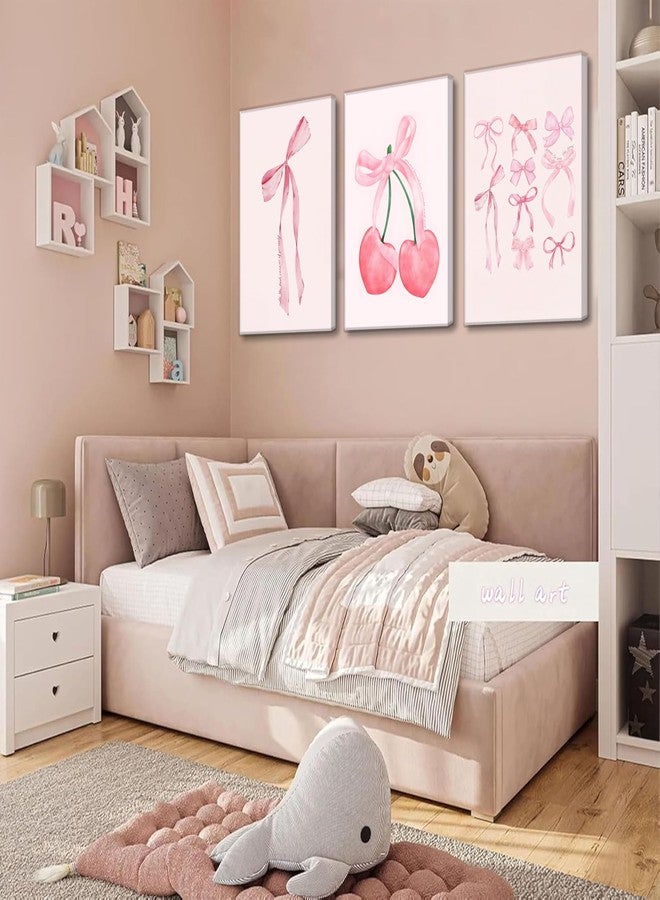 JJX 3Pcs Trendy Pink Bow Canvas Wall Art Vintage Cute Preppy Watercolor Cherry Bow Painting Pictures Wall Decor Posters Prints Girly Aesthetic for College Apartment Bedroom Decoration - Image 3