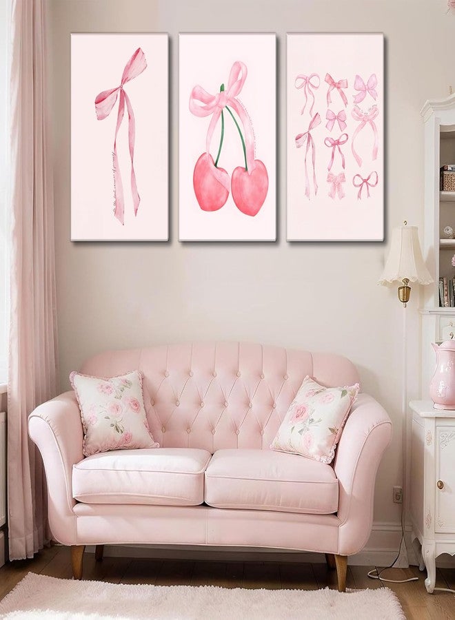 JJX 3Pcs Trendy Pink Bow Canvas Wall Art Vintage Cute Preppy Watercolor Cherry Bow Painting Pictures Wall Decor Posters Prints Girly Aesthetic for College Apartment Bedroom Decoration - Image 2