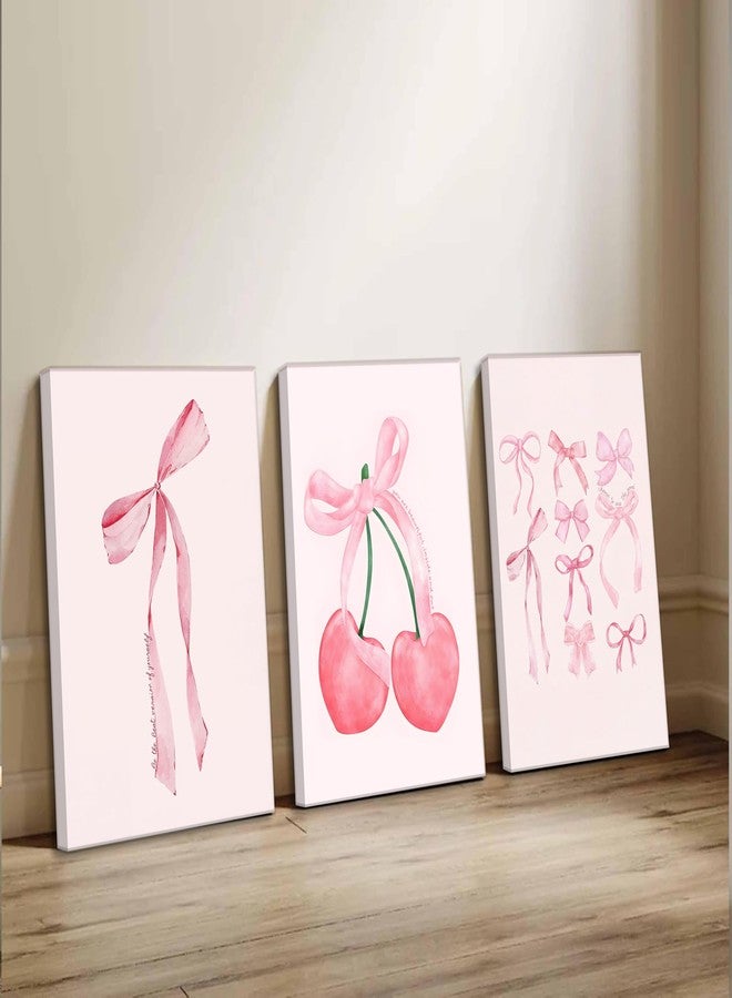 JJX 3Pcs Trendy Pink Bow Canvas Wall Art Vintage Cute Preppy Watercolor Cherry Bow Painting Pictures Wall Decor Posters Prints Girly Aesthetic for College Apartment Bedroom Decoration - Image 4