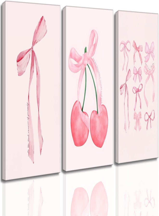 JJX 3Pcs Trendy Pink Bow Canvas Wall Art Vintage Cute Preppy Watercolor Cherry Bow Painting Pictures Wall Decor Posters Prints Girly Aesthetic for College Apartment Bedroom Decoration - Image 1