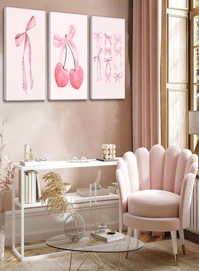 JJX 3Pcs Trendy Pink Bow Canvas Wall Art Vintage Cute Preppy Watercolor Cherry Bow Painting Pictures Wall Decor Posters Prints Girly Aesthetic for College Apartment Bedroom Decoration - Image 5