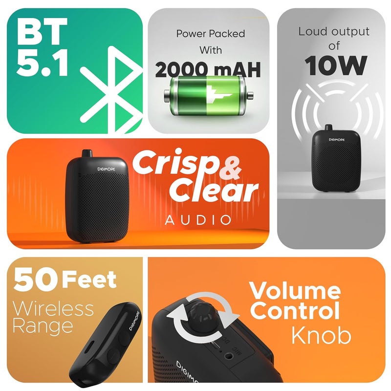 DIGIMORE مضخم صوت لاسلكي للمعلمين مع بلوتوث | بطارية 10 ساعات | مكبر صوت 10 واط | ميكروفون رأس لاسلكي للمرشدين السياحيين، ميكروفون تدريس، زيارات المصانع ونظام PA (D-1200 WL) - Image 2