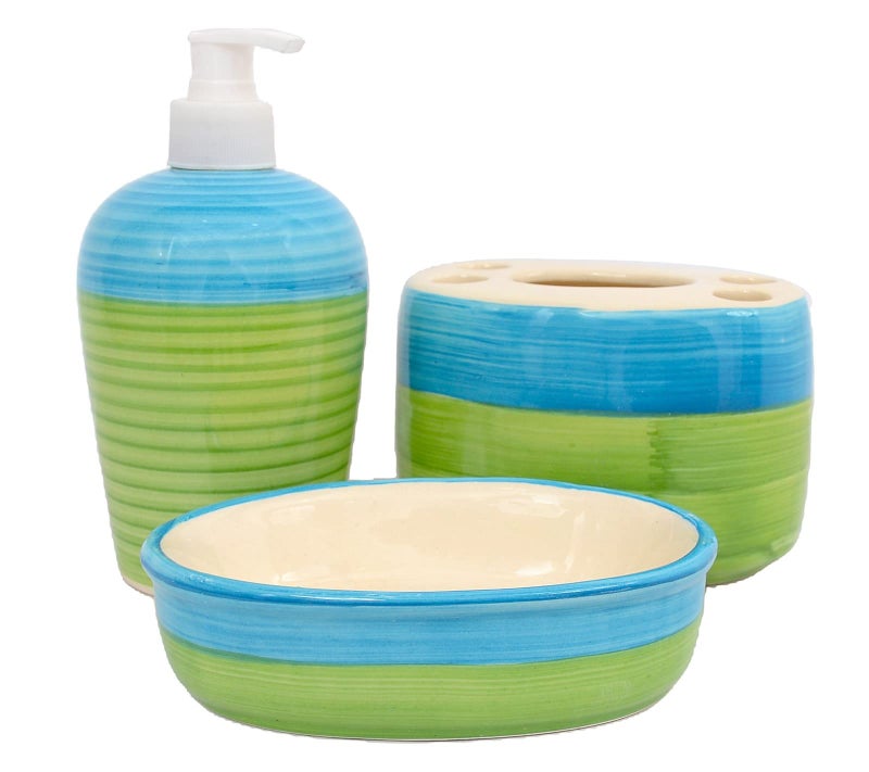 Skywalk Hand Painted Ceramic Bathroom Set of 3 Pcs - Liquid Soap Dispenser, Soap Dish and Brush Holder for Bathroom Décor and Home Gift Set SWKA-1218
