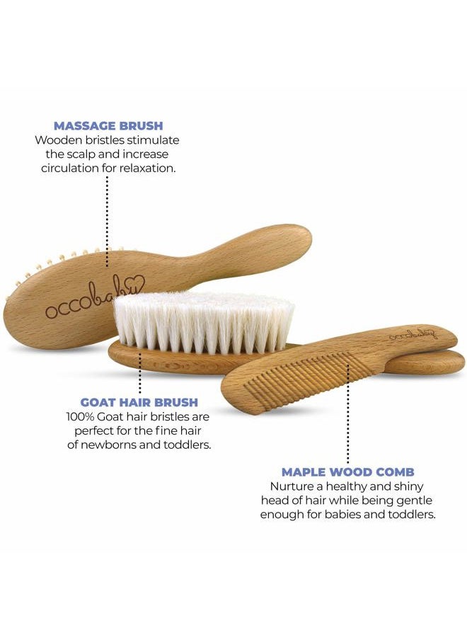 OCCObaby - Premium Wooden Baby Hair Brush and Comb Set - Gentle Goat Hair Bristle Brush for Cradle Cap - Ideal Baby Brush Set for Newborns and Toddler Comb - Image 1