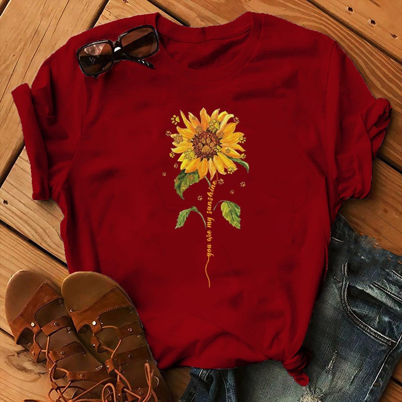 2020 AliExpress wish ebay Amazon foreign trade independent station womens Christmas Animal Flower short sleeve Wine Red 