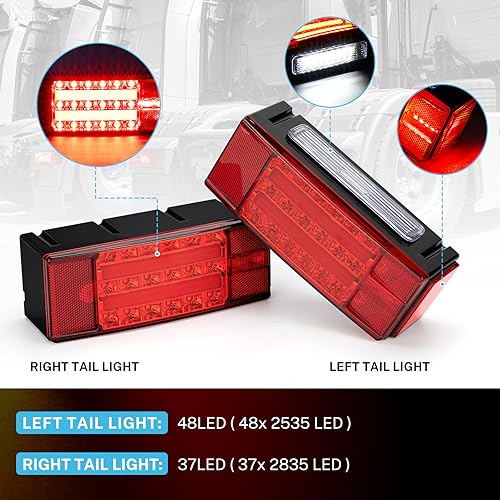 Kohree Submersible LED Trailer Lights Kit, 12V Super Bright Utility Brake Stop Turn License Tail Lights, Rectangular Trailer Lights with Wiring Kit & 2 Marker Lights for Boat RV Truck Over 80 Inches - Image 3