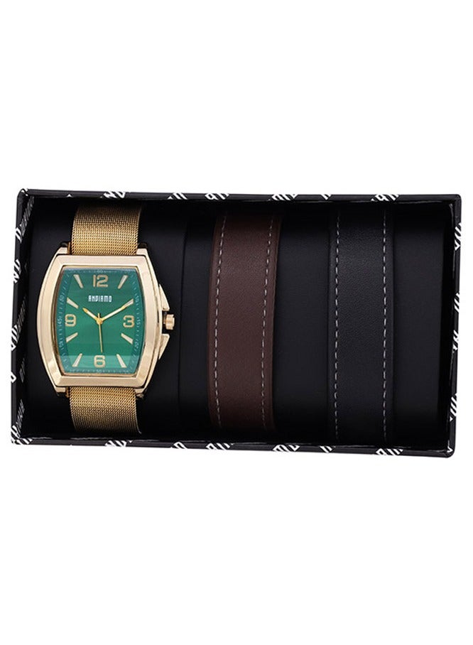 ANDIAMO Men's Analog Tonneau Shape Gold Case Green Dial Strap Set Watch 