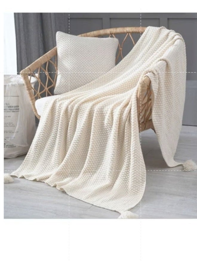 Tassel Design Warm Blanket Polyester Cream Coloured 130x170cm