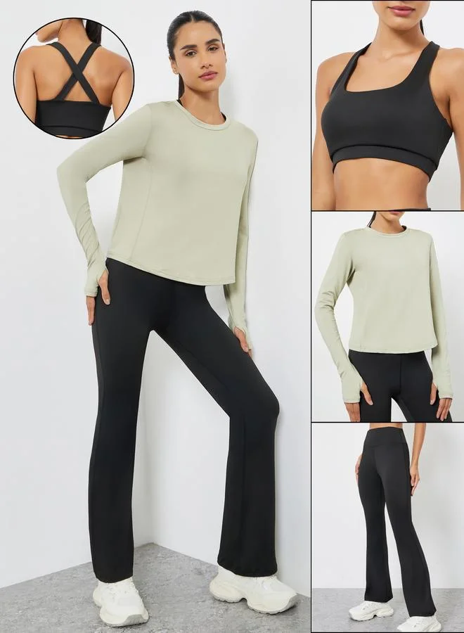 Styli Active Pack of 3 - Multi Cross Back Padded Sports Bra, Paneled Top and Flared Leggings