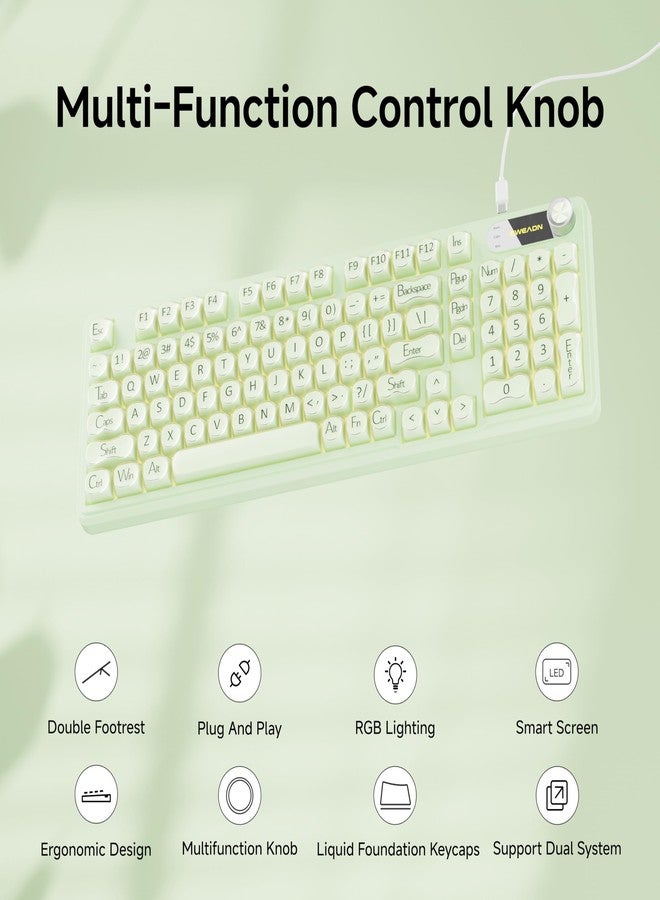 EWEADN V102 Wired Keyboard, 98 Keys Creamy Gaming Keyboard with Number Pad, Display Screen & Media Knob RGB Silent Wired Cute Computer Keyboard for Laptop PC Gamer - Green - Image 3