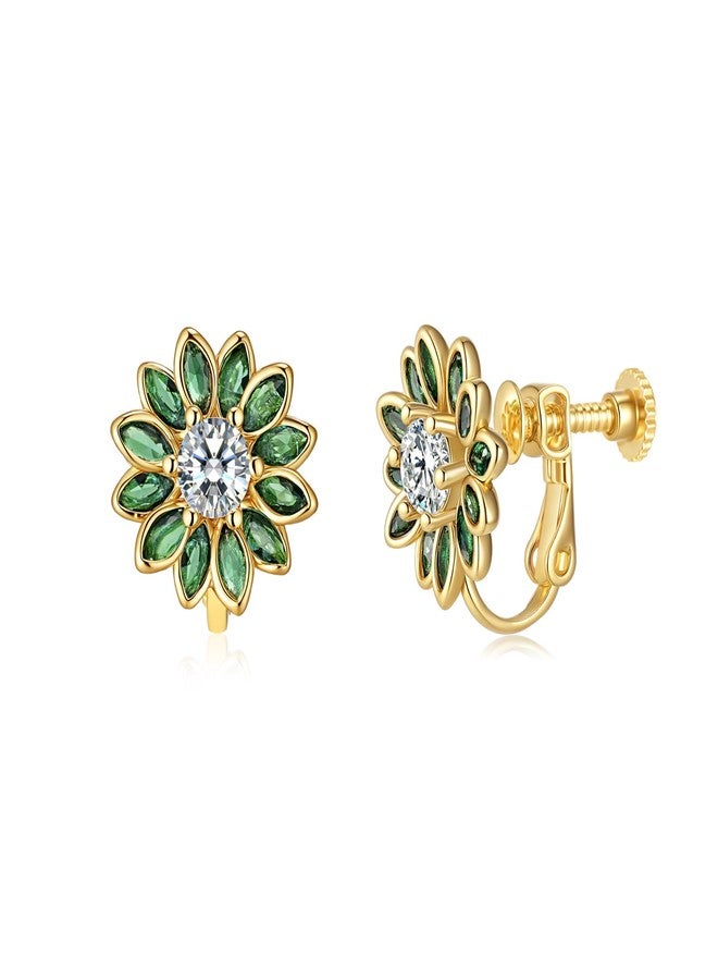 EVEVIC Austrian Crystal Flower Clip on Earrings for Women Trendy,14K Gold Plated Hypoallergenic Non Pierced Sunflower Earrings Jewelry Gift (Green) - Image 1