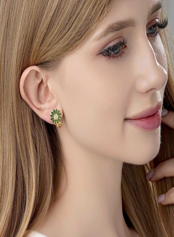 EVEVIC Austrian Crystal Flower Clip on Earrings for Women Trendy,14K Gold Plated Hypoallergenic Non Pierced Sunflower Earrings Jewelry Gift (Green) - Image 2