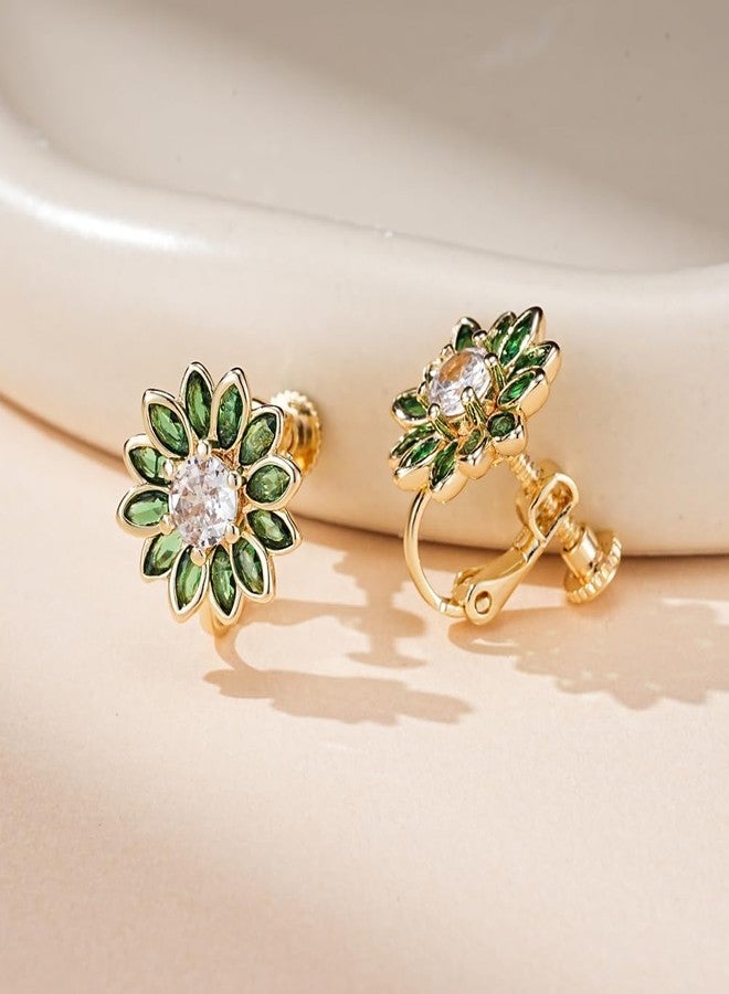 EVEVIC Austrian Crystal Flower Clip on Earrings for Women Trendy,14K Gold Plated Hypoallergenic Non Pierced Sunflower Earrings Jewelry Gift (Green) - Image 4