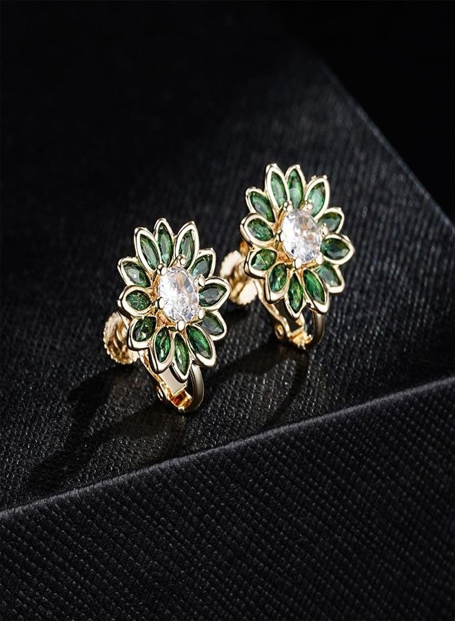 EVEVIC Austrian Crystal Flower Clip on Earrings for Women Trendy,14K Gold Plated Hypoallergenic Non Pierced Sunflower Earrings Jewelry Gift (Green) - Image 5