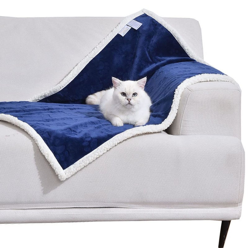 Qeils Dog Blankets for Small Dogs Waterproof Cat Blanket Washable Sherpa Fleece Puppy Blanket Soft Plush Reversible Throw Protector for Bed Couch Car Sofa 30X40 Navy Blue