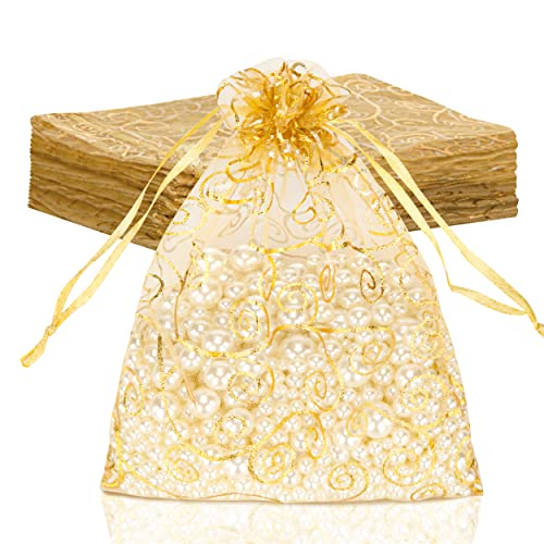 Staruby Organza Gift Bags 50 Pcs Gold Sheer Organza Bag 6x8 Inch Mesh Favor Bags Drawstring Jewelry Rattan Printed Gift Pouches for Wedding Party Favors Couple Shower Christmas Gifts Candy Bags - Image 1