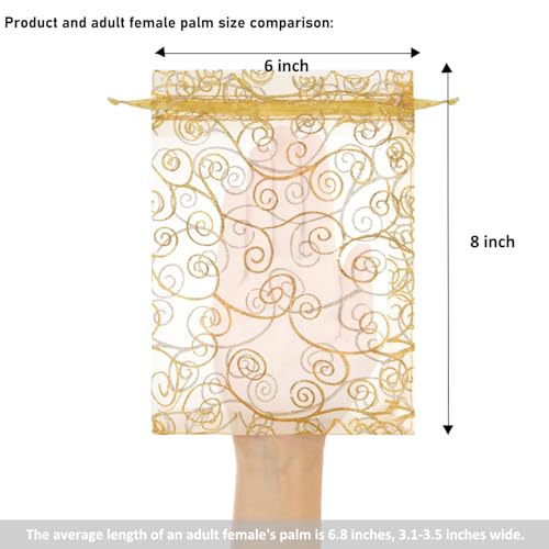 Staruby Organza Gift Bags 50 Pcs Gold Sheer Organza Bag 6x8 Inch Mesh Favor Bags Drawstring Jewelry Rattan Printed Gift Pouches for Wedding Party Favors Couple Shower Christmas Gifts Candy Bags - Image 2