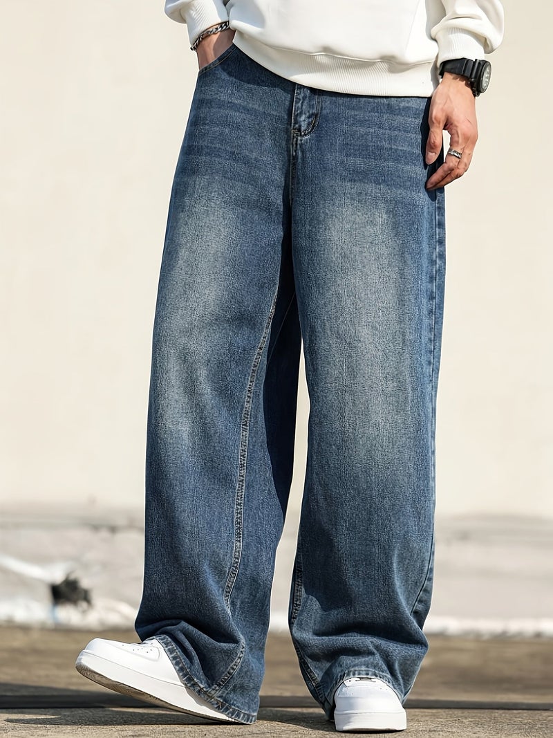 Men's Streetwear Wide-Leg Jeans - Relaxed Fit Washed Denim Pants, Machine Washable All-Season Casual Trousers with Non-Stretch Fabric, Denim Jeans, Casual Attire, Durable Construction - Image 4