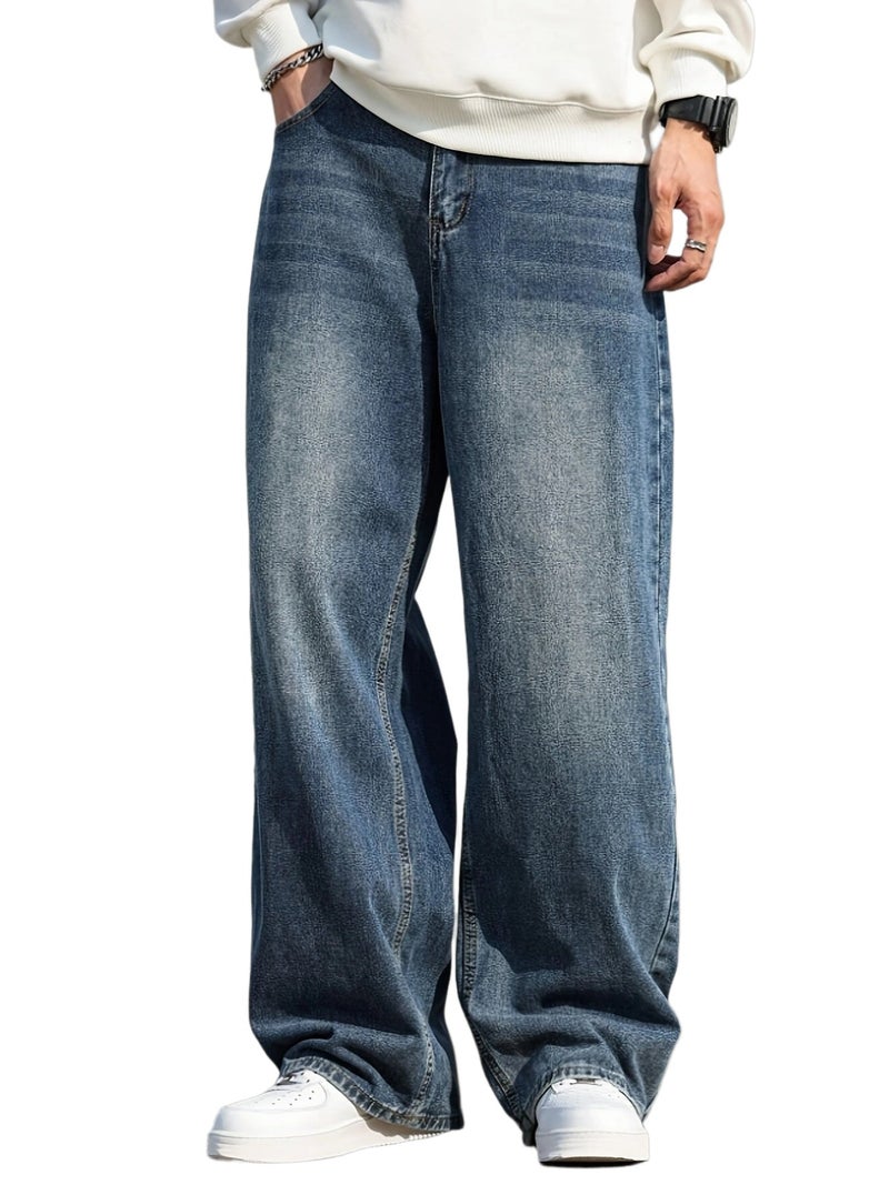Men's Streetwear Wide-Leg Jeans - Relaxed Fit Washed Denim Pants, Machine Washable All-Season Casual Trousers with Non-Stretch Fabric, Denim Jeans, Casual Attire, Durable Construction - Image 1