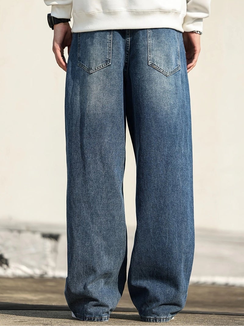 Men's Streetwear Wide-Leg Jeans - Relaxed Fit Washed Denim Pants, Machine Washable All-Season Casual Trousers with Non-Stretch Fabric, Denim Jeans, Casual Attire, Durable Construction - Image 5
